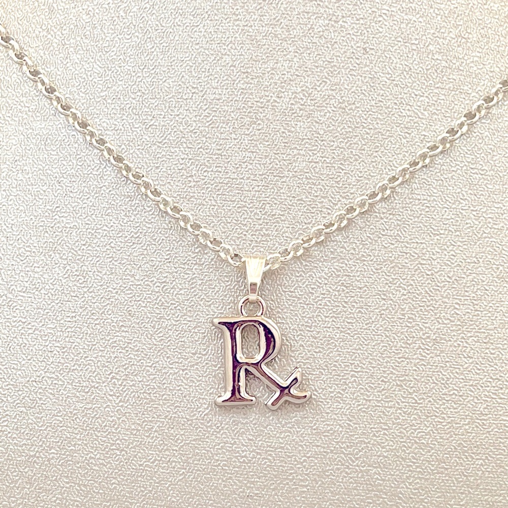 Pharmacy Rx Rhodium charm, 2mm 16” necklace plus free customize charm